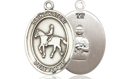 Extel Medium Pewter St. Kateri Equestrian Medal Pendant Necklace