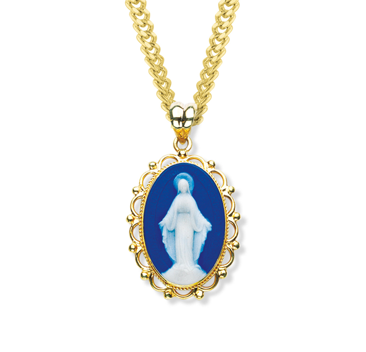 Dark Blue Gold Cameo Miraculous Medal Pendant Necklace Made in USA