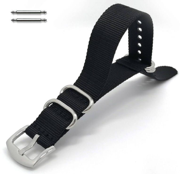 Luminox Compatible Black One Piece Slip Through Nylon Watch Band Army Military Silver Buckle #6021