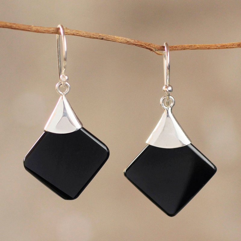 Protection Sterling Silver Dangle Obsidian Earrings, "Synthesis"