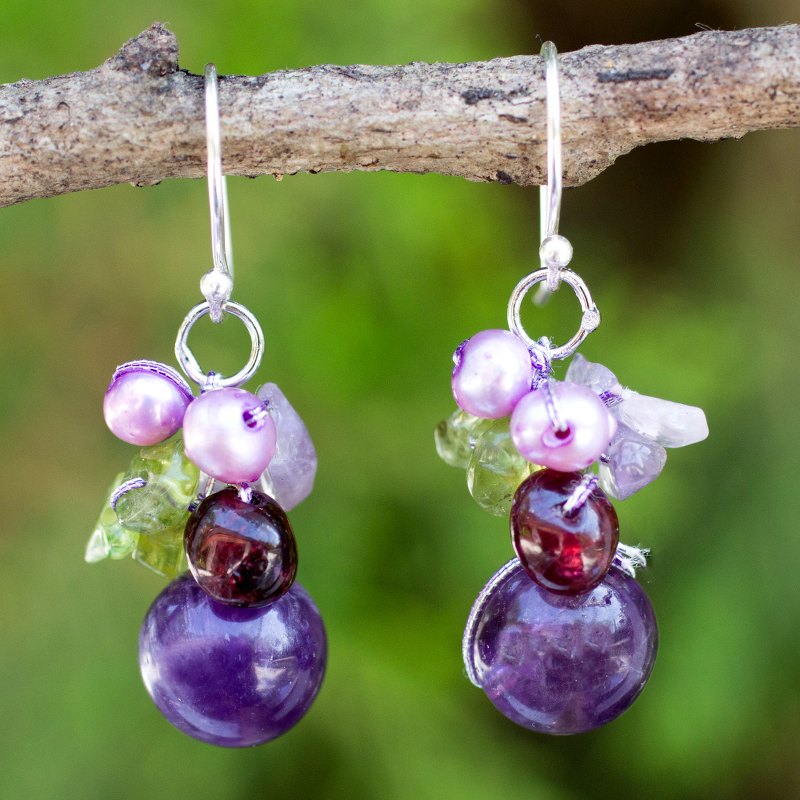 Handcrafted Amethyst and Pearl Dangle Earrings, "Bright Bouquet"