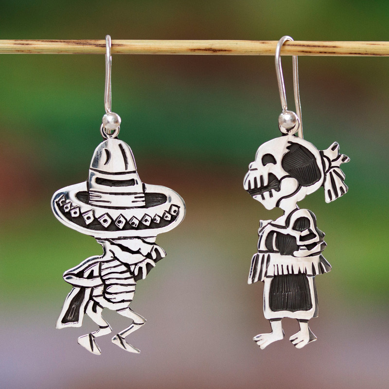 Fair Trade Taxco Silver Day of the Dead Earrings, "Skeletal Hat Dance"