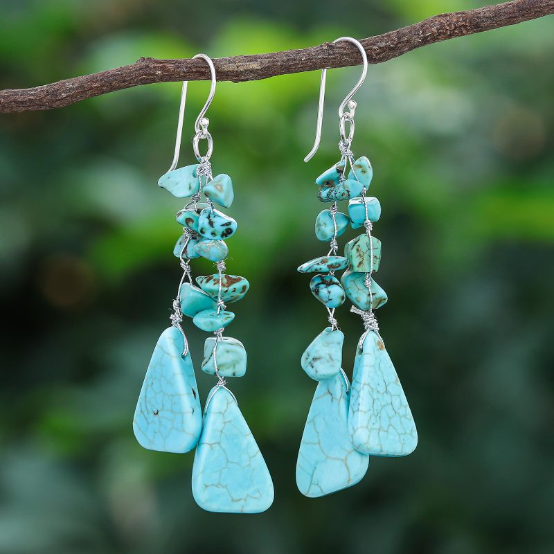 Unique Turquoise Colored Waterfall Earrings, "Falling Rain"