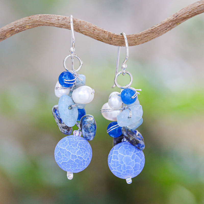 Handmade Agate and Aquamarine Beaded Earrings, "Azure Love"