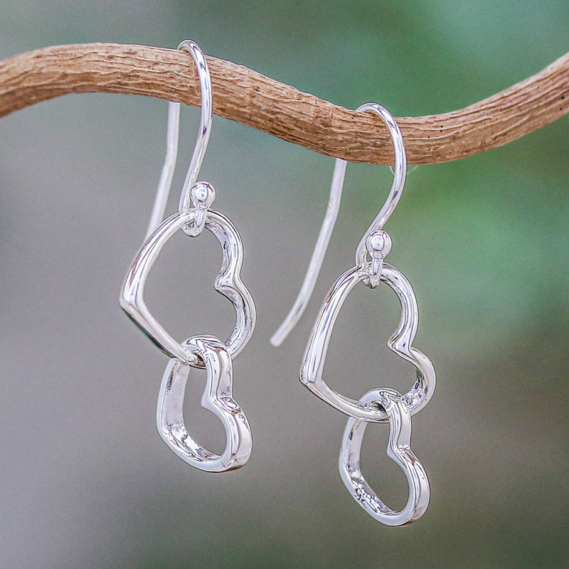 Women's Heart Shaped Sterling Silver Dangle Earrings, "Locked in Love"