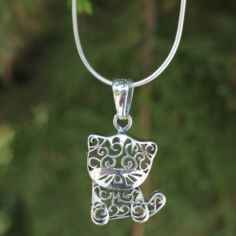 Thai Filigree Sterling Silver Necklace, "Filigree Kitten"