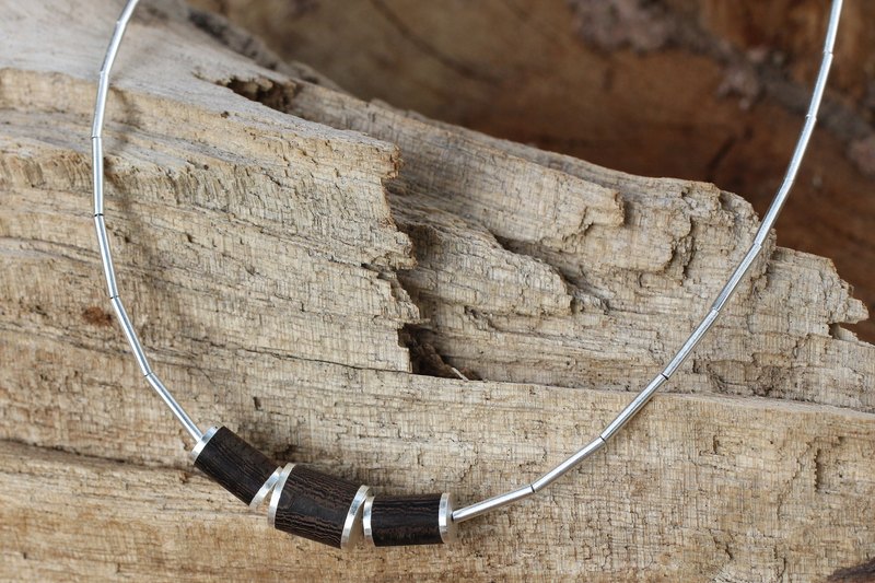 Thai Silver Necklace with Dark Wood Insets, "Love of Nature"