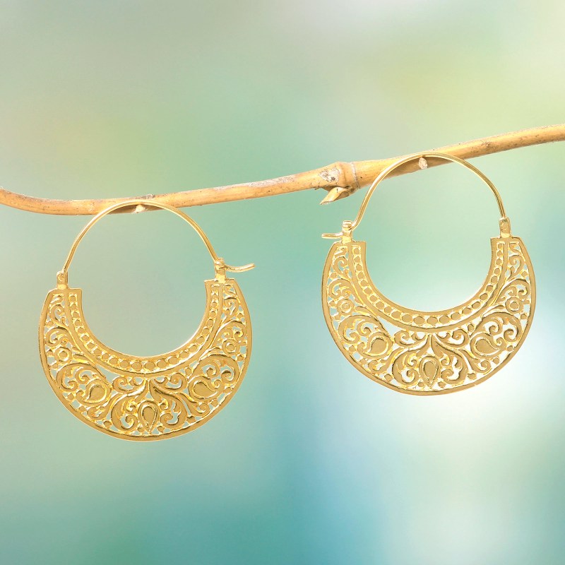 Ornate 22k Gold Vermeil Hoop Earrings from Indonesia, "Garden of Eden"