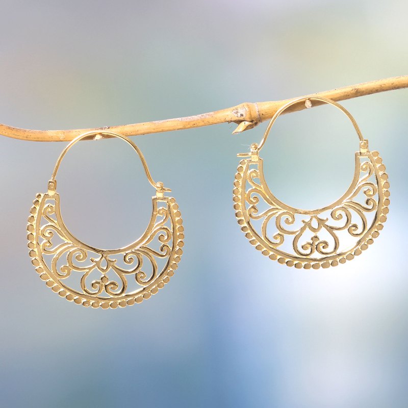 Unique Hoop Earrings in 22k Gold Vermeil from Bali, "Moonlit Garden"