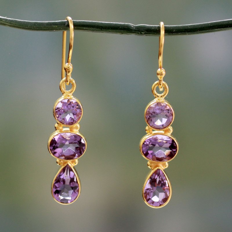 22k Gold Vermeil Dangle Earrings with Three Amethysts, "Lilac Triad"
