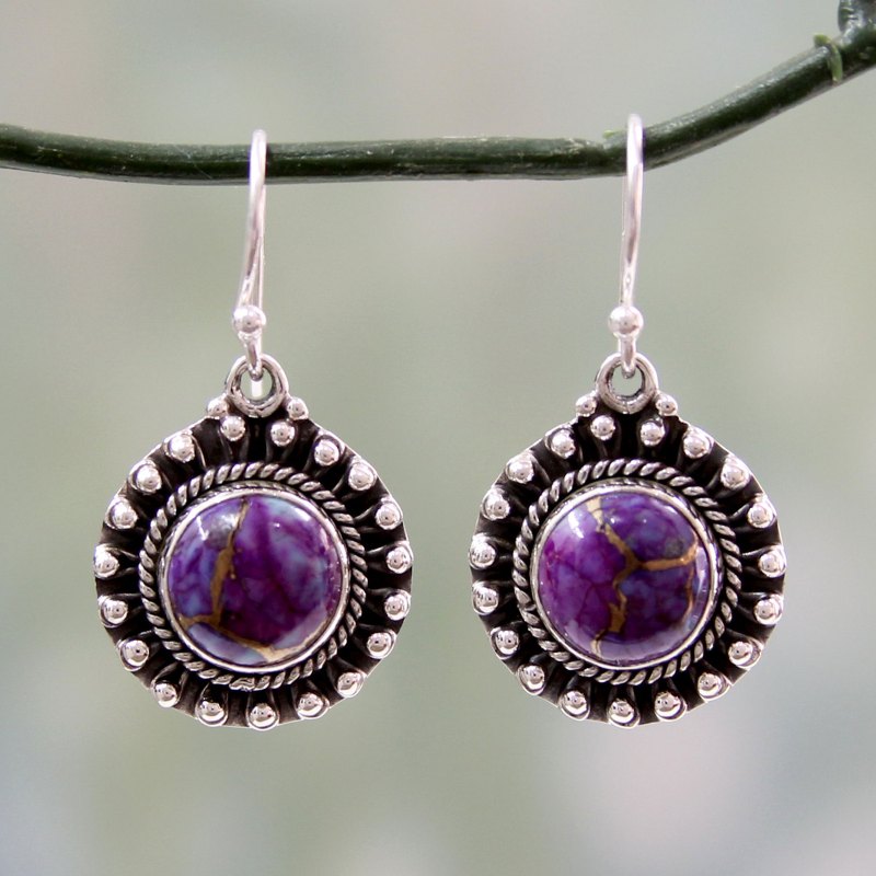 Purple Turquoise and Sterling Silver Earrings from India, "Purple Fire"