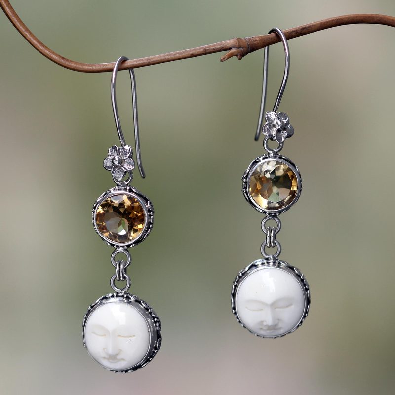 Citrine Moon Image Silver Earrings Crafted in Bali, "Frangipani Moon Child"