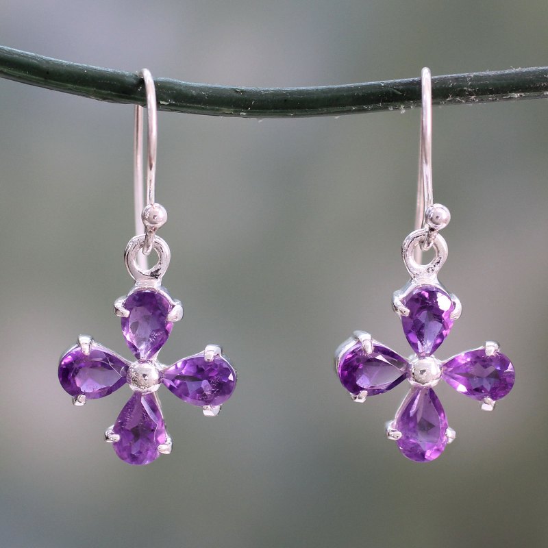 Amethyst Flower Earrings Handcrafted of 925 Sterling Silver, "Lilac Blossom"