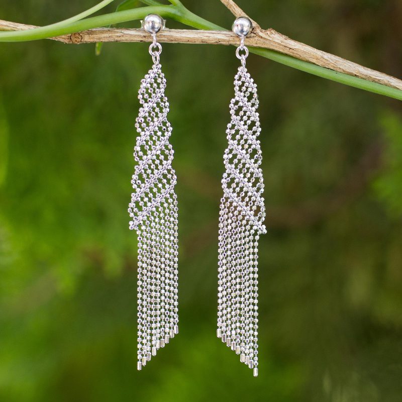 Waterfall Style Earrings Crafted from Silver Ball Chain, "Chiang Mai Fringe"
