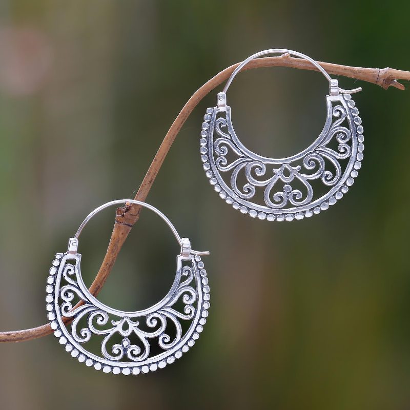 Balinese Style Sterling Silver Crescent Hoop Earrings, "Moonlit Garden"