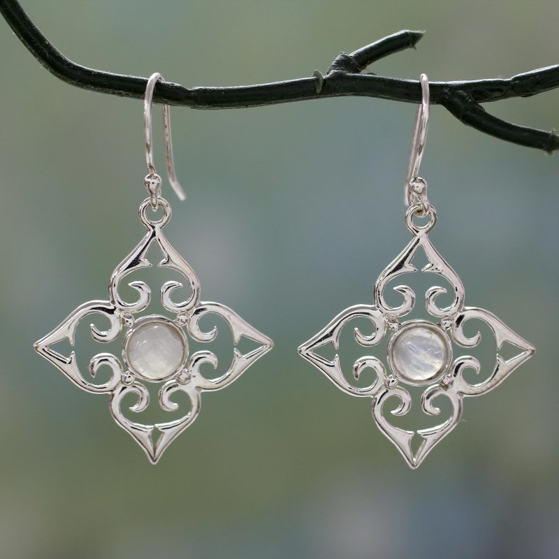 Sterling Silver Fair Trade Earrings with Rainbow Moonstone, "Four Seasons"