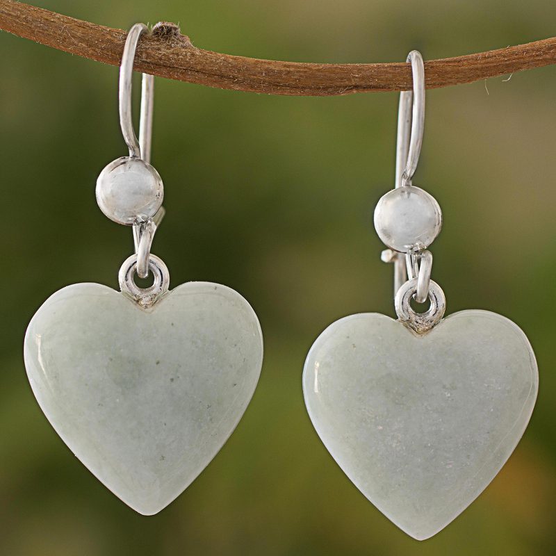 White Heart Shaped Jade Silver Dangle Earrings Guatemala, "Mayan Heart"