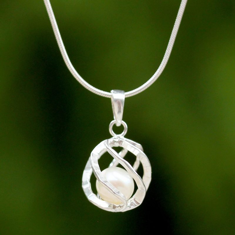 Thai Sterling Silver and Cultured Pearl Pendant Necklace, "White Orb of Energy"