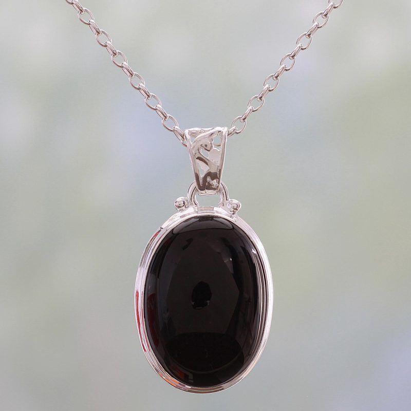925 Silver India Jewelry Chain Necklace with Onyx Pendant, "Elegant Protector"
