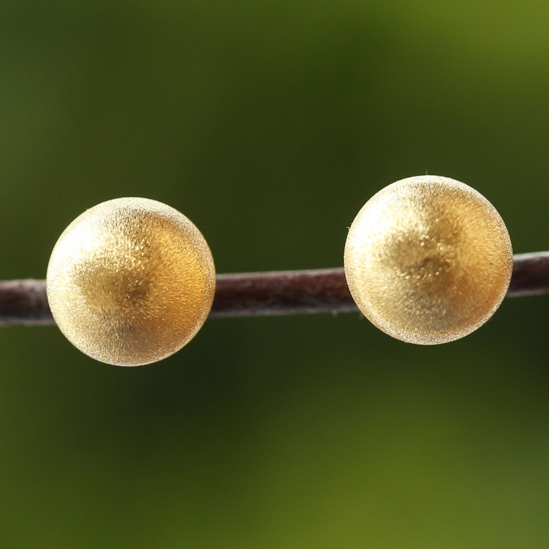 18k Gold Plated Sterling Silver Stud Earrings from Thailand, "Gold Satin Orbs"