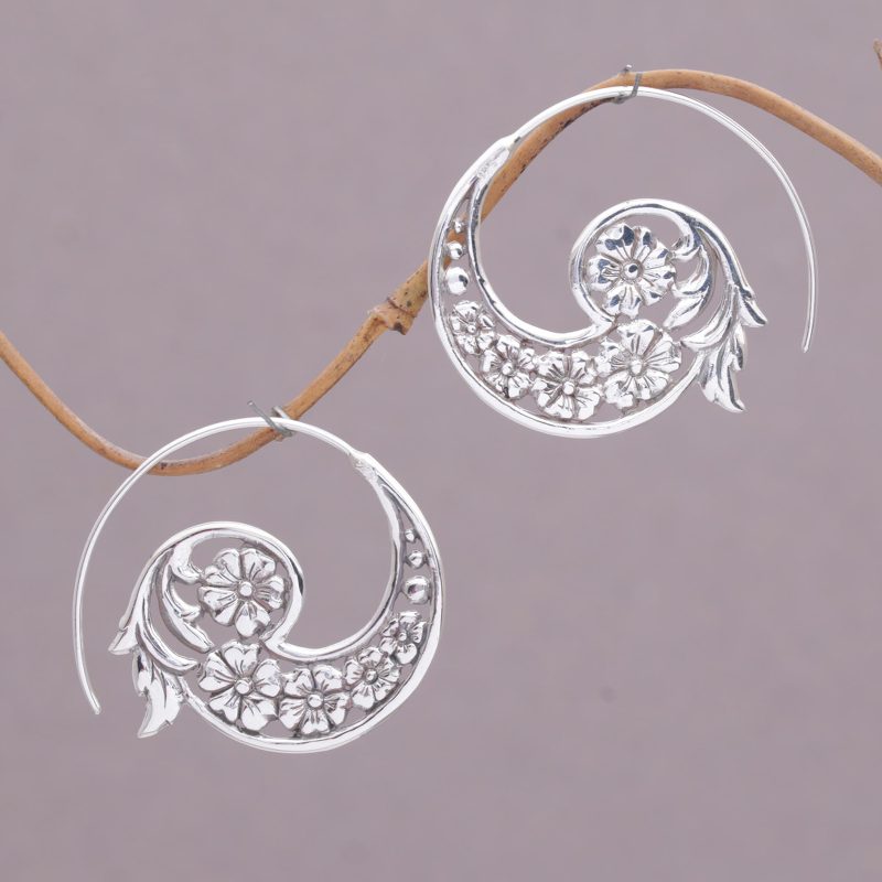 Handmade Sterling Silver Half Hoop Earrings from Indonesia, "Dazzling Flourish"