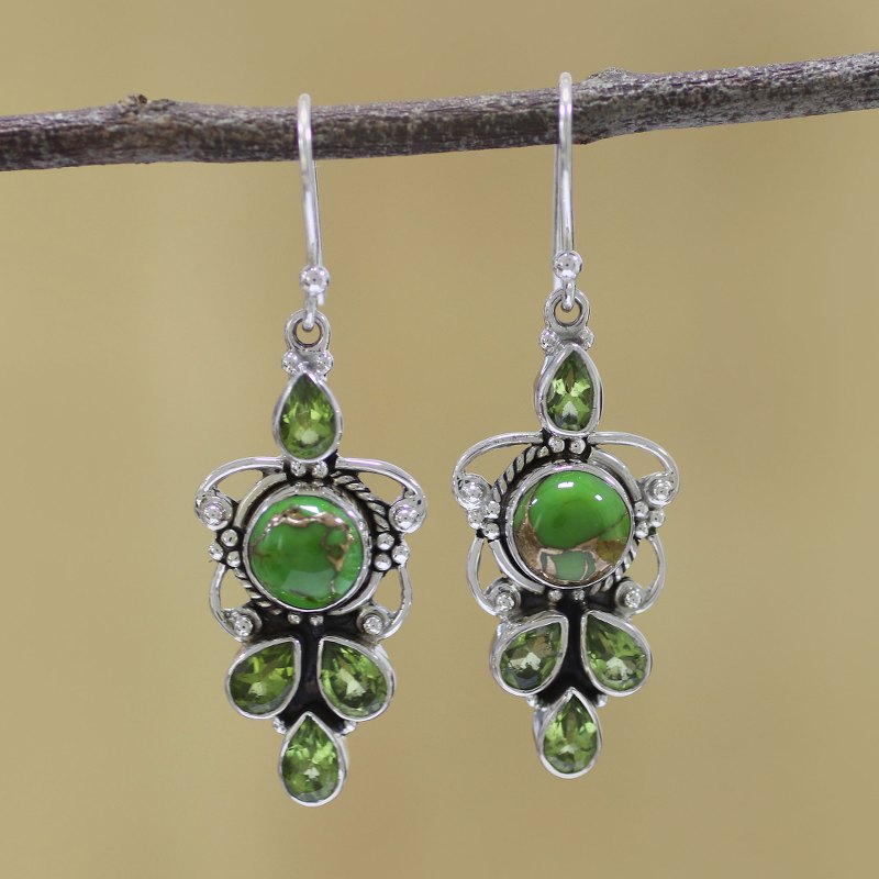 Peridot and Green Composite Turquoise 925 Silver Earrings, "Glittering Green"
