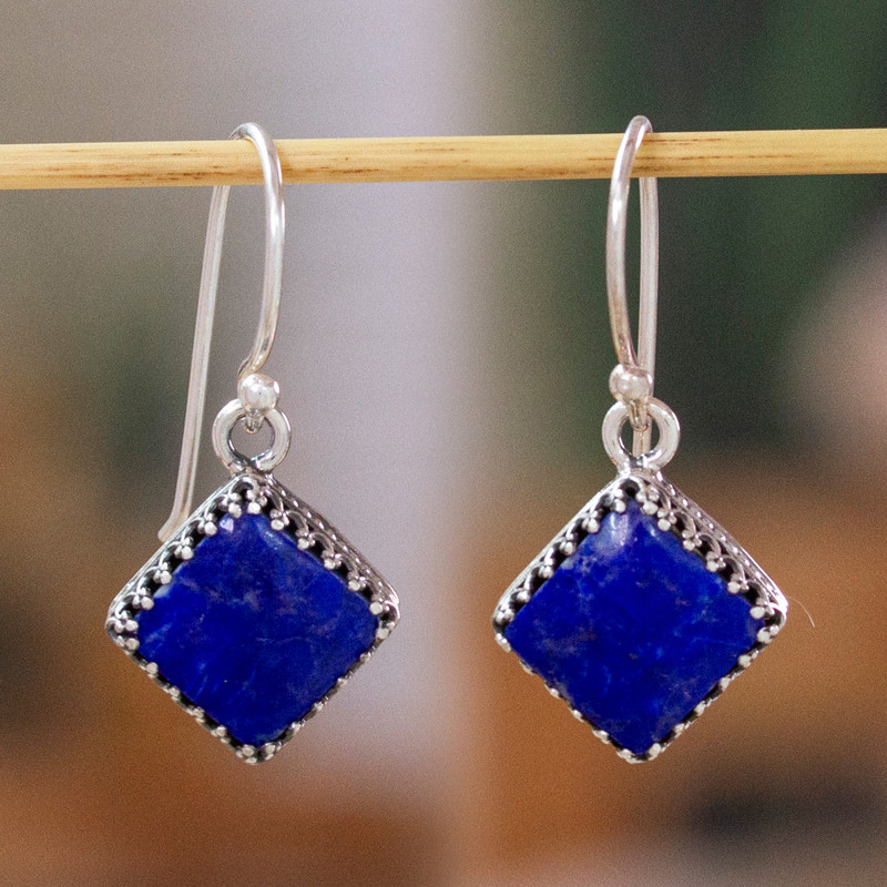 Square Lapis Lazuli Dangle Earrings from Mexico, "Blue Crowns"
