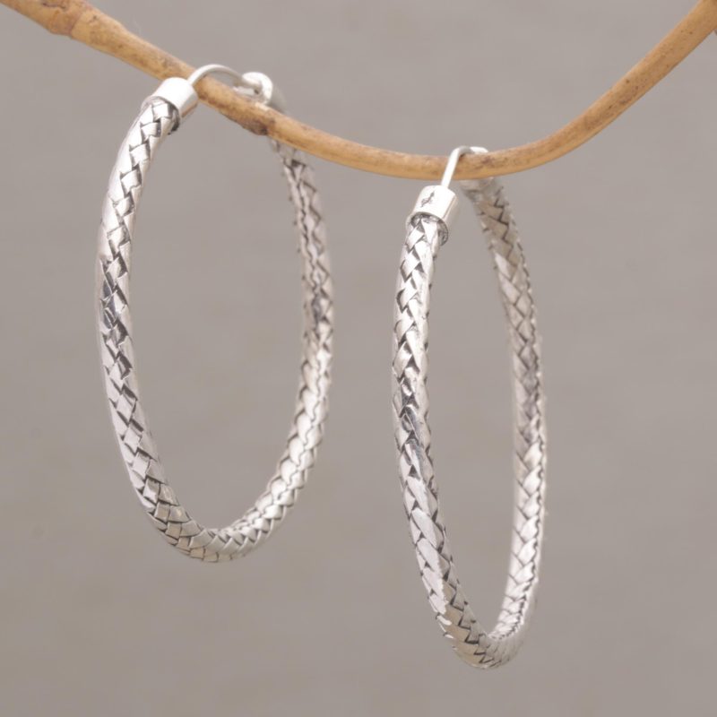 Woven Silver Endless Hoop Earrings (1.75 Inch), "Celuk Circles"