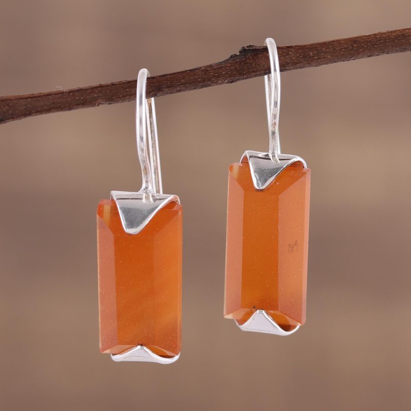 Minimalist Orange Onyx and Silver Drop Earrings, "Solid State"