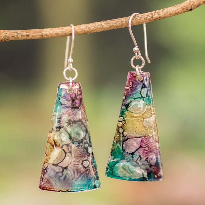 Yellow Turquoise and Purple Recycled CD Dangle Earrings, "Color Explosion"