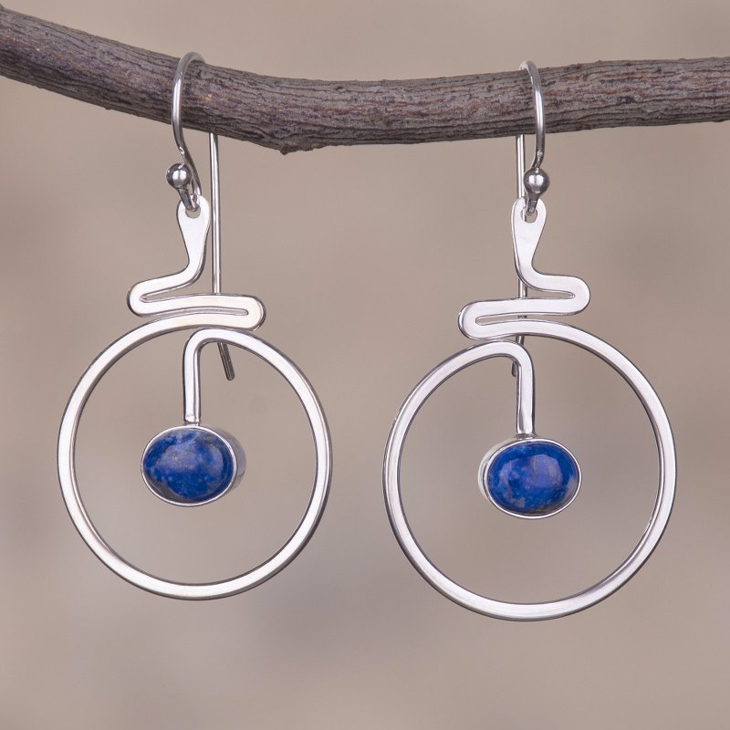 Round Lapis Lazuli Dangle Earrings from Peru, "Swirling Moons"