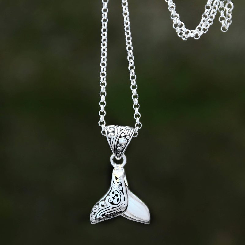Whale Flipper Sterling Silver Pendant Necklace from Bali, "Bali Whale"