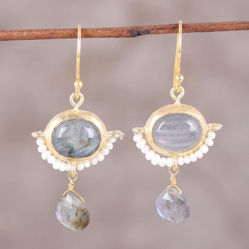 22k Gold Plated Cultured Pearl and Labradorite Earrings, "Everlasting Allure"