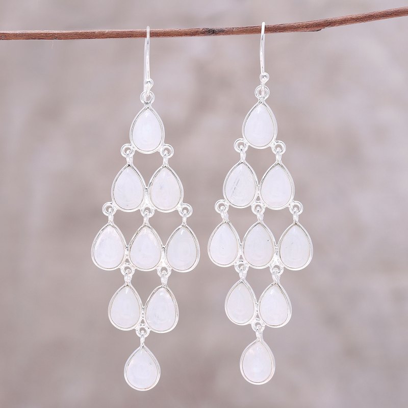 White Rainbow Moonstone Sterling Silver Dangle Earrings, "Misty Waterfall"