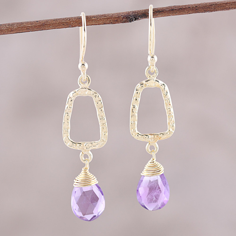 18k Gold Plated Amethyst Dangle Earrings from India, "Dancing Frames"