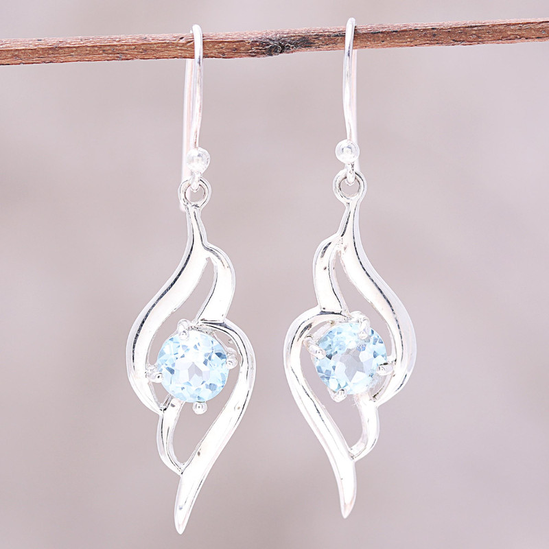Wave Motif Blue Topaz Dangle Earrings from India, "Dazzling Gleam"