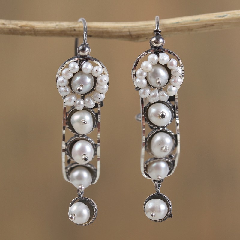 White Cultured Pearl Dangle Earrings from Mexico, "White Beauty"