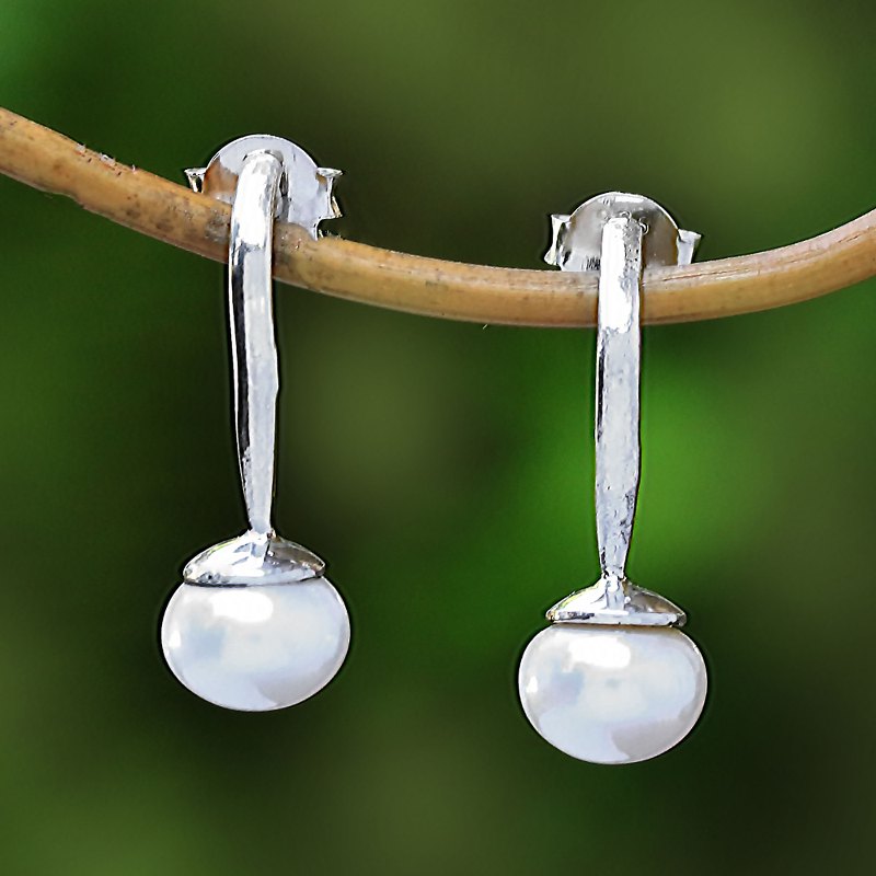White Cultured Pearl Drop Earrings from Bali, "Goddess Teardrops"