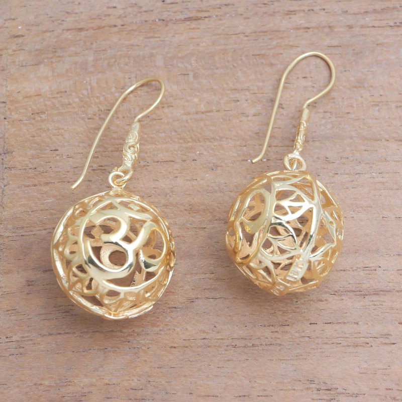 18k Gold Plated Sterling Silver Om Dangle Earrings, "Omkara Orbs"