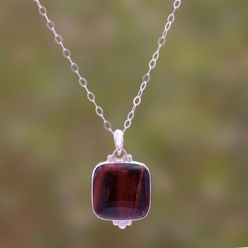 Square Red Tiger's Eye Pendant Necklace from Bali, "Red Square"