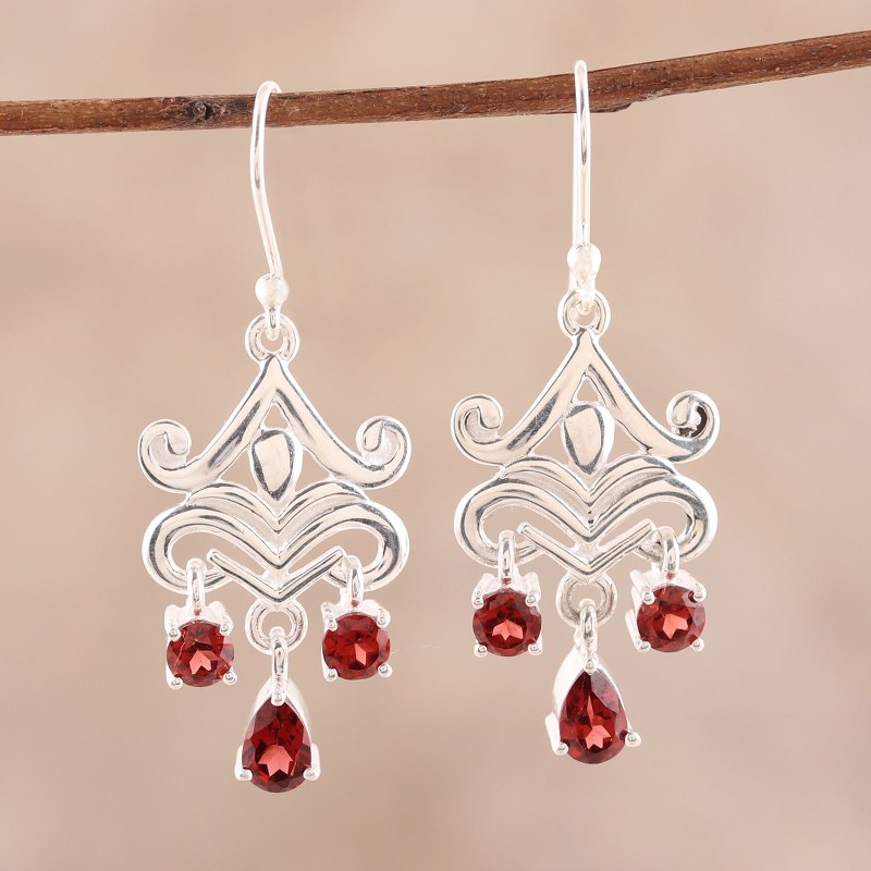 2-Carat Garnet Dangle Earrings from India, "Glimmering Dance"