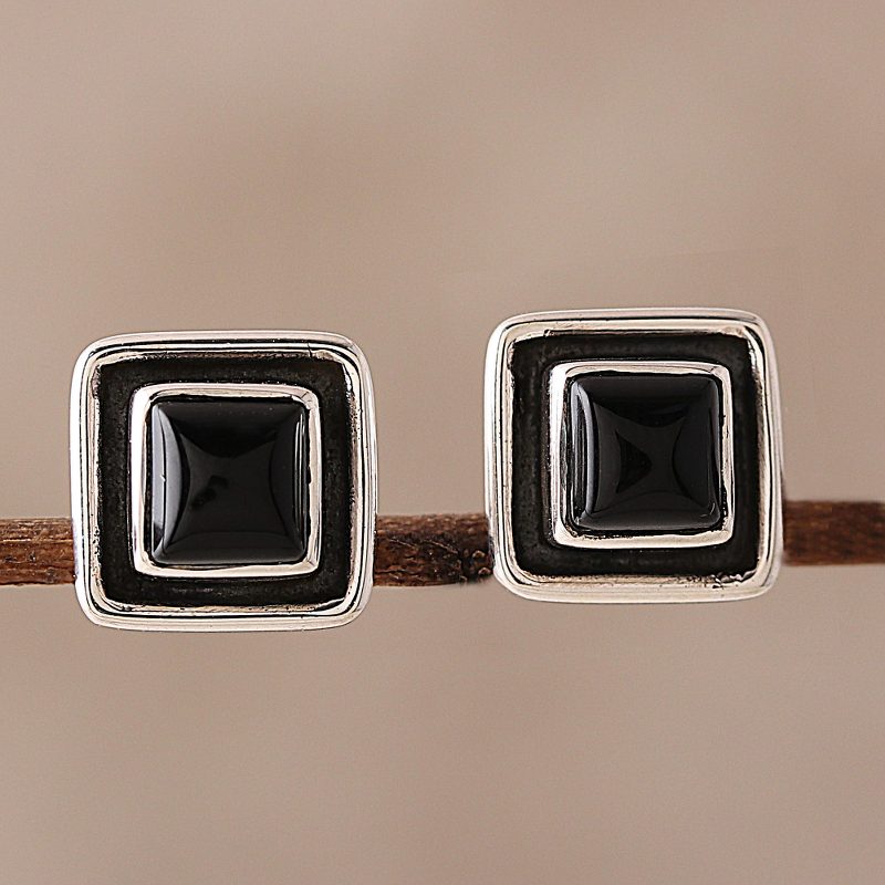 Square Onyx Stud Earrings from India, "Midnight Frame"