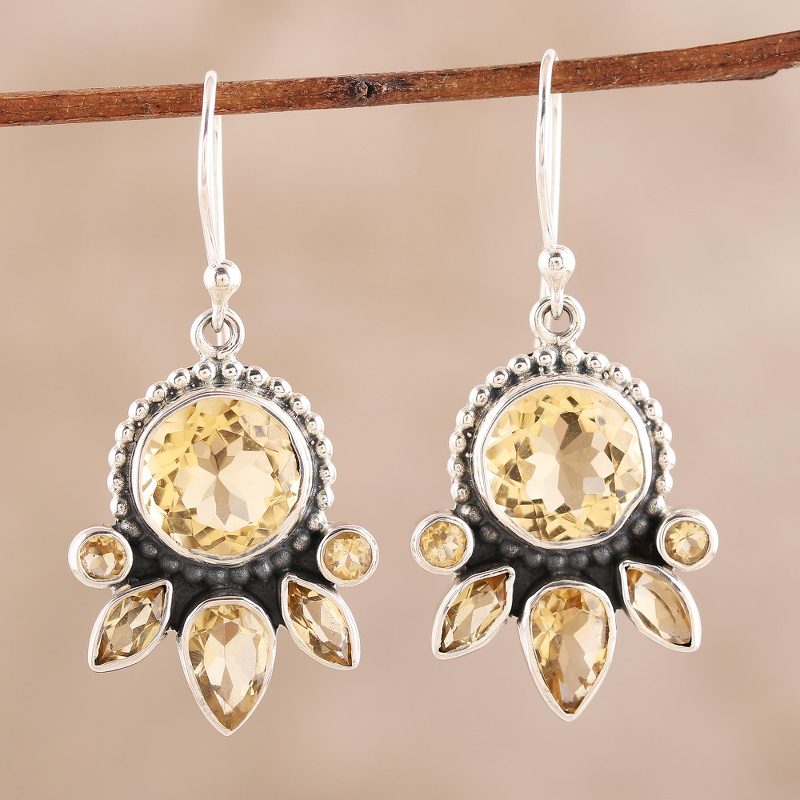 10.4-Carat Citrine Dangle Earrings from India, "Sunny Bloom"
