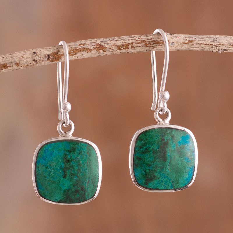 Square Chrysocolla Dangle Earrings from Peru, "Window"