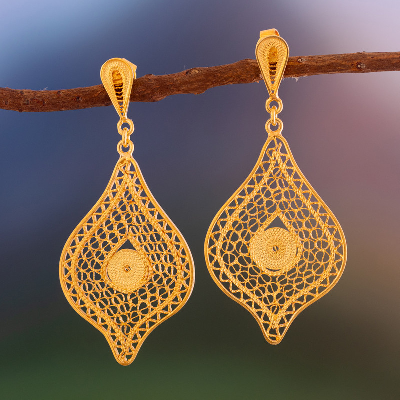 21k Gold Plated Sterling Silver Filigree Dangle Earrings, "Hypnotic Gold"