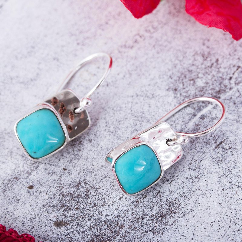 Square Natural Turquoise Dangle Earrings from Mexico, "Watery Gleam"