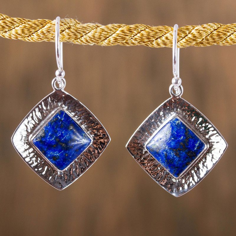 Square Lapis Lazuli Dangle Earrings from Mexico, "Lapis Mirrors"