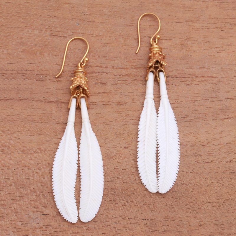 Wing-Themed Gold Accented Dangle Earrings, "Feather Twins"