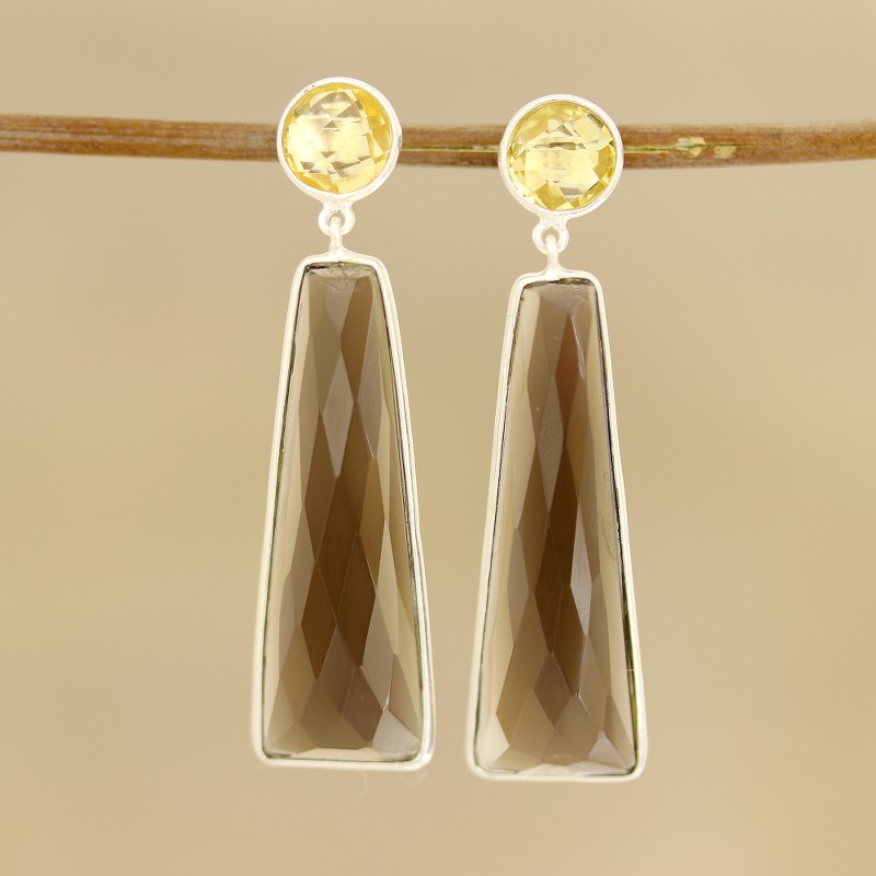 14.5-Carat Smoky Quartz and Citrine Dangle Earrings, "Glorious Dazzle"