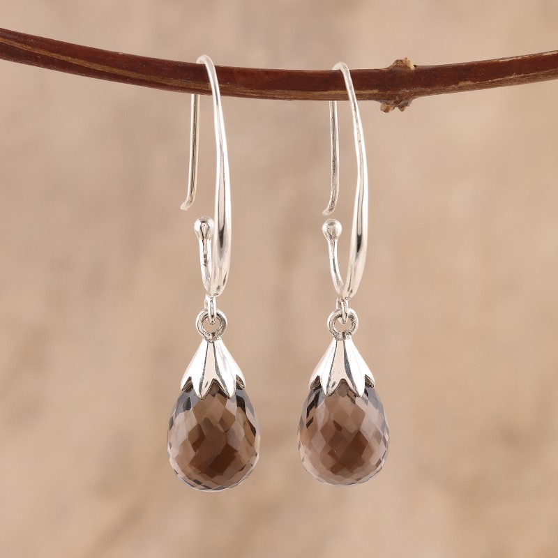 10-Carat Smoky Quartz Dangle Earrings from India, "Glittering Drops"